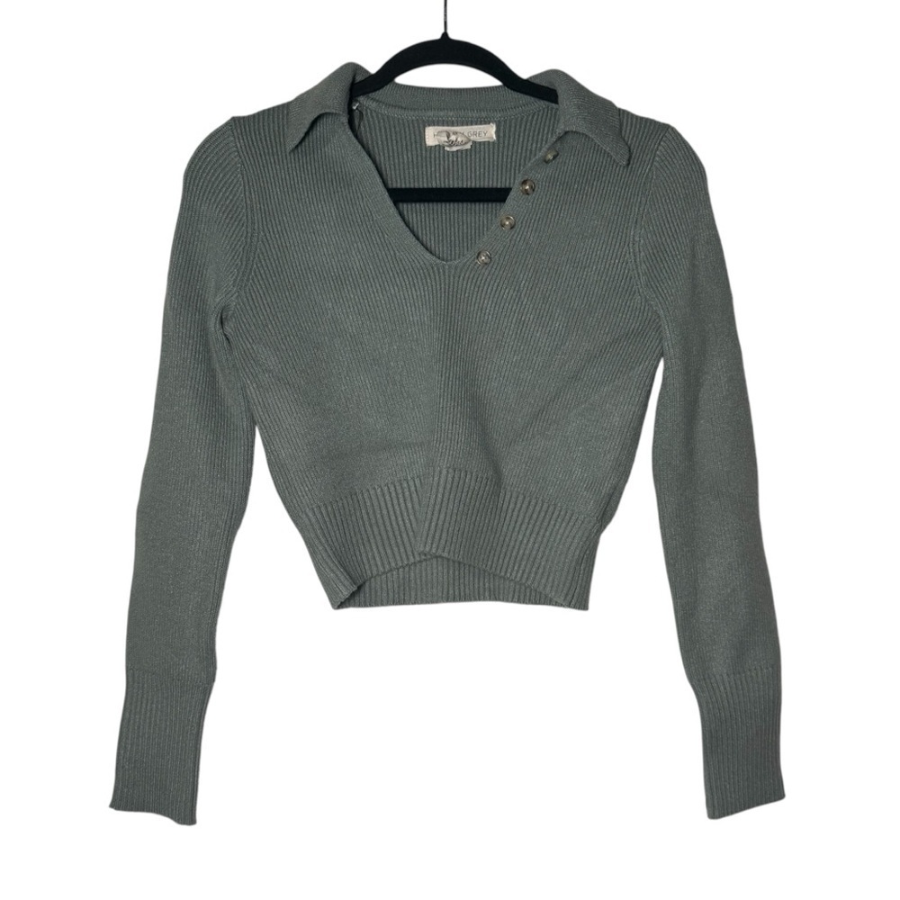 Happily Grey Cropped Collared Sweater Olive Green Ribbed Size XS NWT Buttons